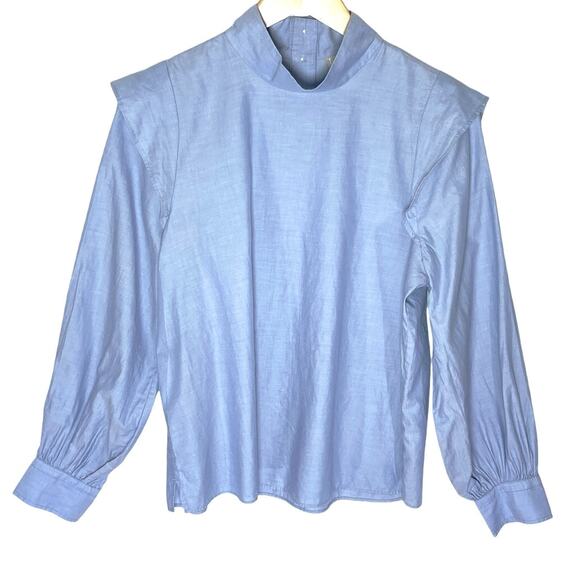 NWT EVERLANE Women’s Blue Wing Shoulder Bishop Sleeve Stand Collar Top - Picture 4 of 6